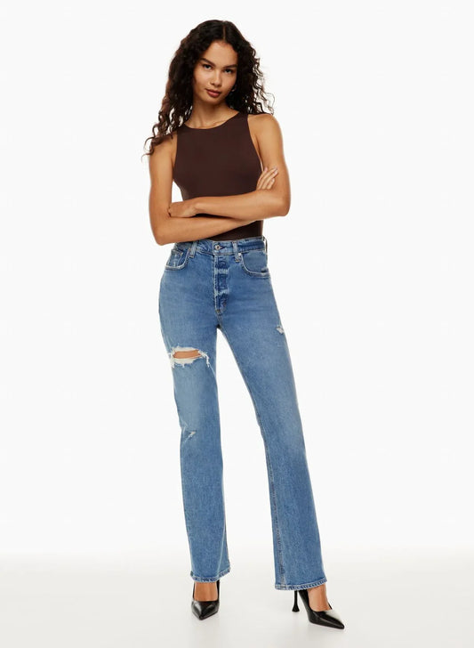 High Waist Loose Ripped Holes Streetwear Straight Ladies Denim Jean Blue / S
