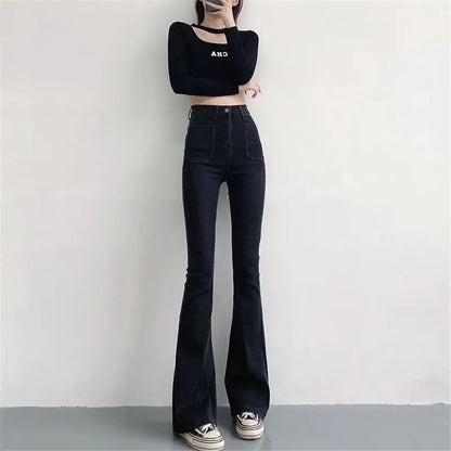 High Waist Stretch Slim Flared Women Bottom Straight Spring Autumn Denim Pants Female Fashion Streetwear Jeans