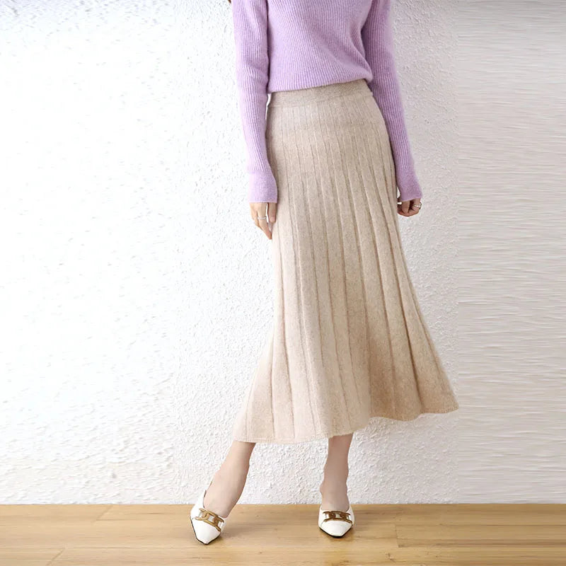 Elegant Thick Warm Pleated Knitted Pure Wool High Waist Trendy Autumn Skirt