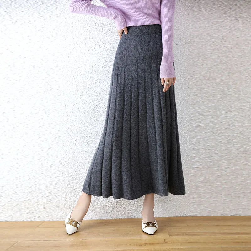 Elegant Thick Warm Pleated Knitted Pure Wool High Waist Trendy Autumn Skirt