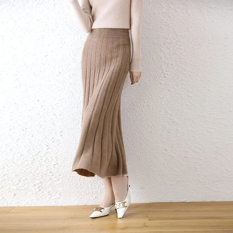 Elegant Thick Warm Pleated Knitted Pure Wool High Waist Trendy Autumn Skirt