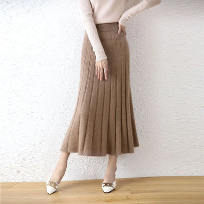 Elegant Thick Warm Pleated Knitted Pure Wool High Waist Trendy Autumn Skirt