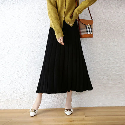 Elegant Thick Warm Pleated Knitted Pure Wool High Waist Trendy Autumn Skirt