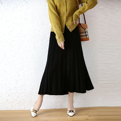 Elegant Thick Warm Pleated Knitted Pure Wool High Waist Trendy Autumn Skirt