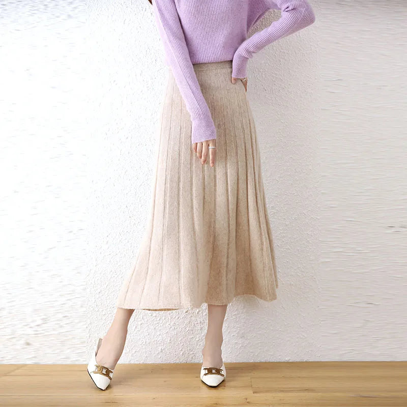 Elegant Thick Warm Pleated Knitted Pure Wool High Waist Trendy Autumn Skirt