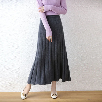 Elegant Thick Warm Pleated Knitted Pure Wool High Waist Trendy Autumn Skirt