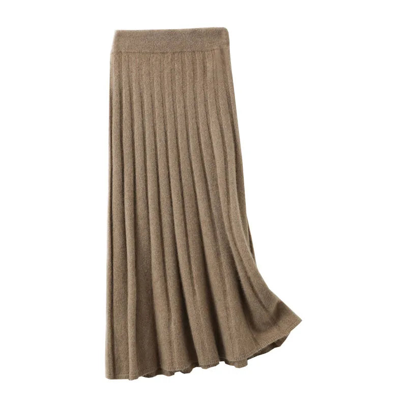 Elegant Thick Warm Pleated Knitted Pure Wool High Waist Trendy Autumn Skirt