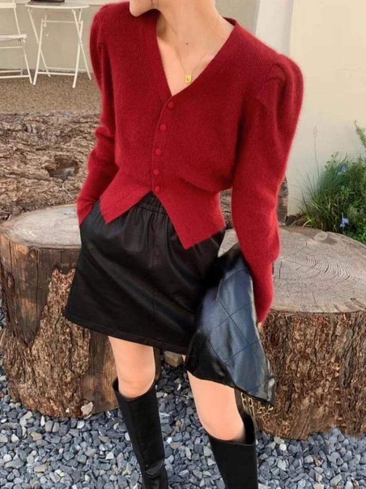 V-Neck Long Sleeve Crop Solid Red Cardigan