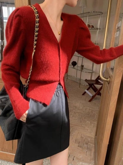 V-Neck Long Sleeve Crop Solid Red Cardigan