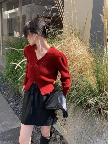 V-Neck Long Sleeve Crop Solid Red Cardigan