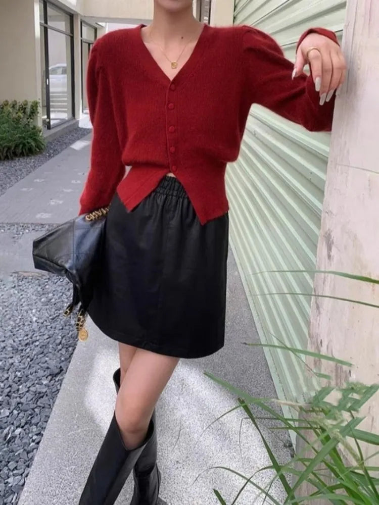 V-Neck Long Sleeve Crop Solid Red Cardigan