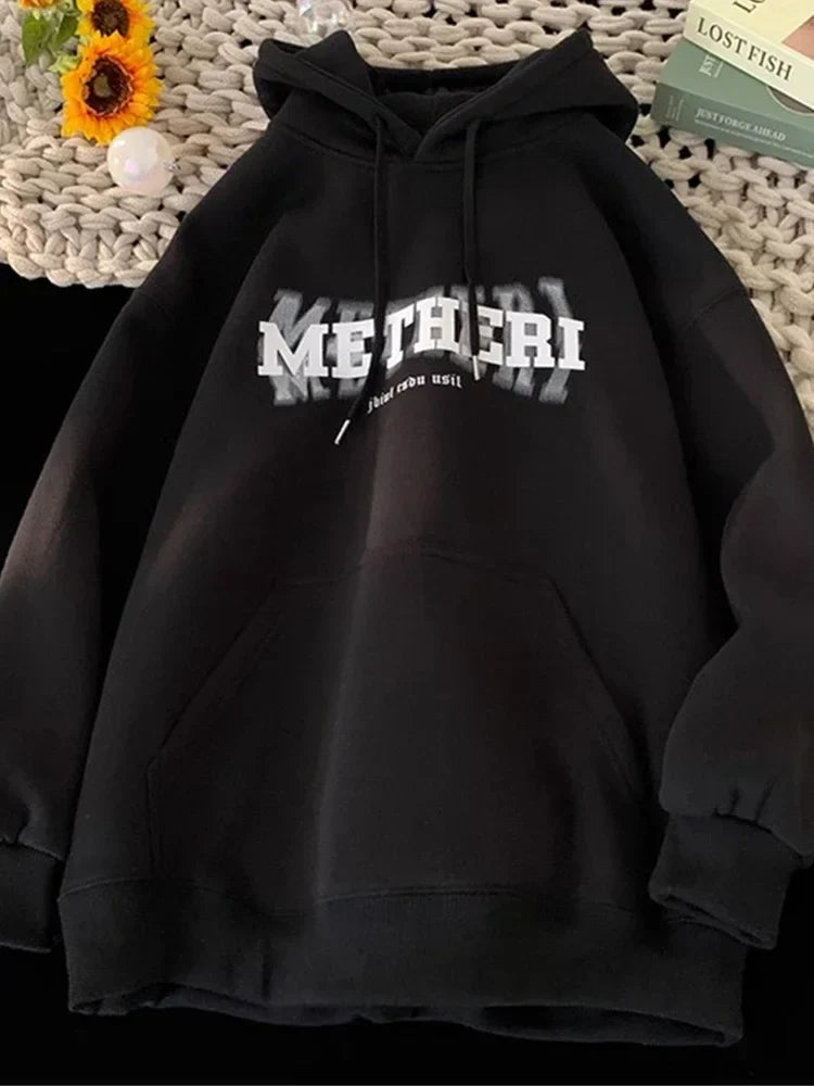 Hip Hop Letter Print Cotton Fleece Hoodie Black / M(40-45KG)