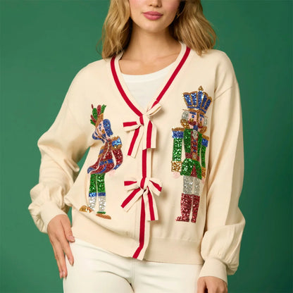 Sequin Christmas Nutcracker V-neck Cardigan