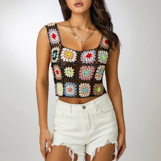 Floral Printed Hollow Crochet Knitted Crop Top