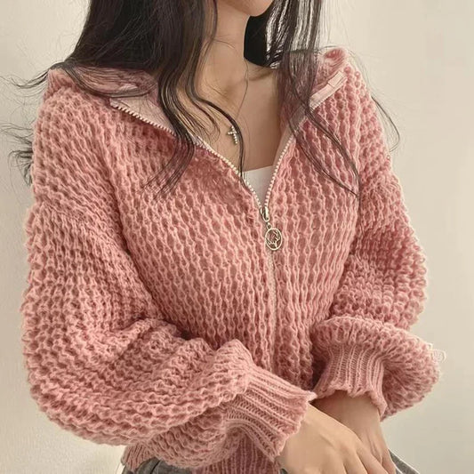 Cropped Hooded Hollow Out Knit Cardigan