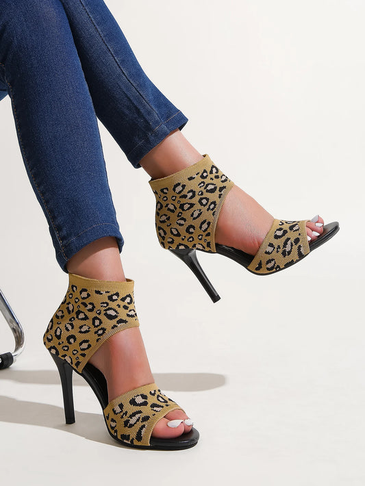 2024 Spring Summer Women's Designer Knitted High Heel Sandals Open Toe Leopard Print Stilettos - Sexy Party Shoes