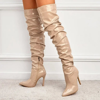 Hot Sexy Modern Boots Autumn Winter Patent Leather Elastic Over-the-Knee Slim Pointed Toe Zip Thigh High Heel