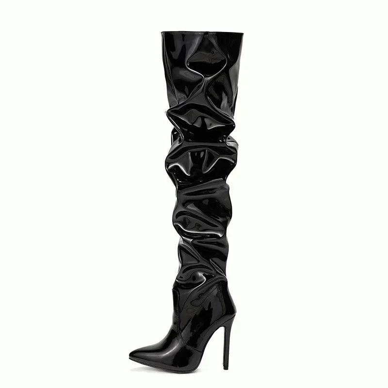 Hot Sexy Modern Boots Autumn Winter Patent Leather Elastic Over-the-Knee Slim Pointed Toe Zip Thigh High Heel