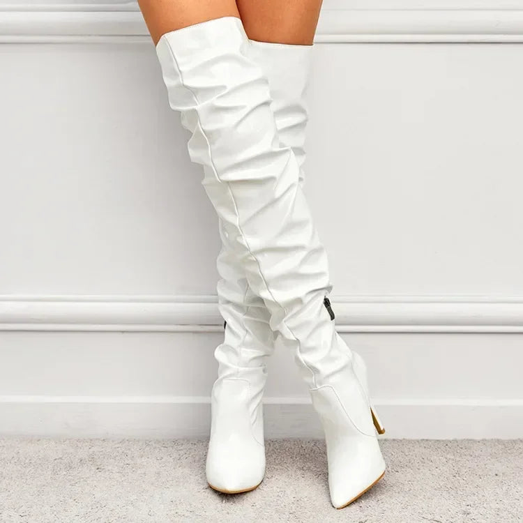 Hot Sexy Modern Boots Autumn Winter Patent Leather Elastic Over-the-Knee Slim Pointed Toe Zip Thigh High Heel