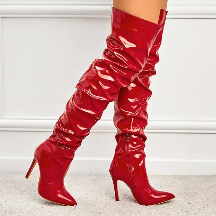 Hot Sexy Modern Boots Autumn Winter Patent Leather Elastic Over-the-Knee Slim Pointed Toe Zip Thigh High Heel