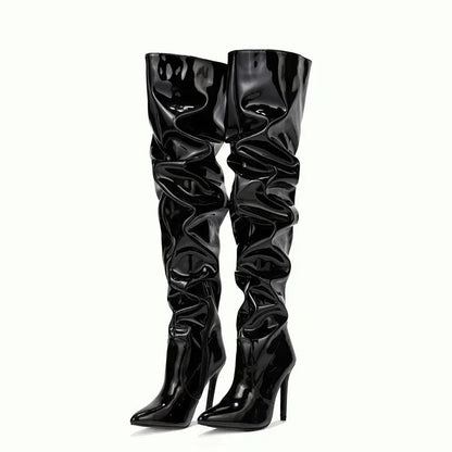 Hot Sexy Modern Boots Autumn Winter Patent Leather Elastic Over-the-Knee Slim Pointed Toe Zip Thigh High Heel