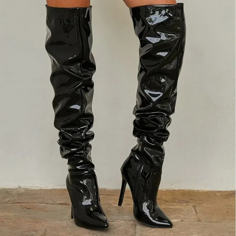 Hot Sexy Modern Boots Autumn Winter Patent Leather Elastic Over-the-Knee Slim Pointed Toe Zip Thigh High Heel