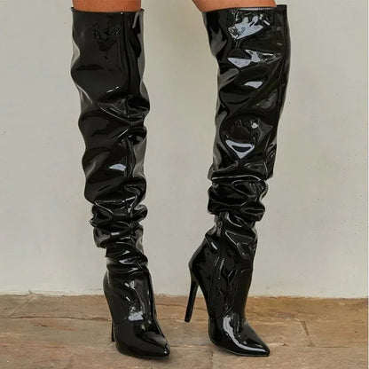 Hot Sexy Modern Boots Autumn Winter Patent Leather Elastic Over-the-Knee Slim Pointed Toe Zip Thigh High Heel