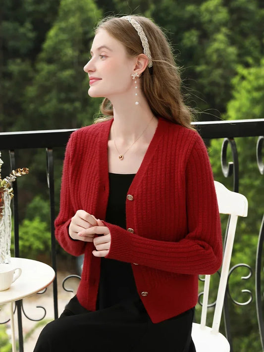 French V-neck Long Sleeve Red Cardigan