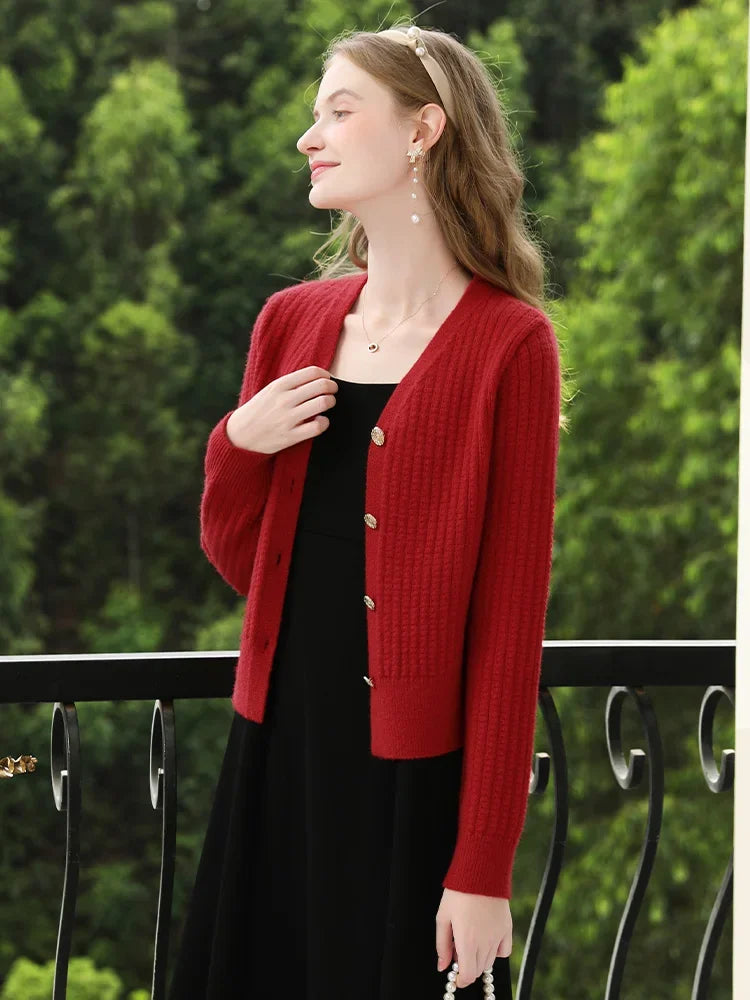 French V-neck Long Sleeve Red Cardigan