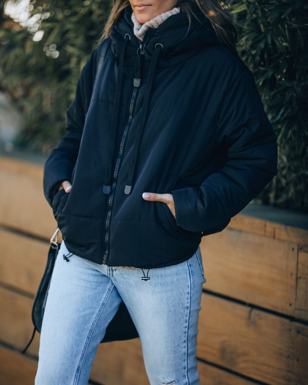 Stay Awhile Hooded Puffer Jacket - Black with Pockets