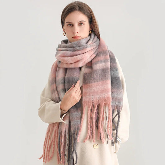 Plaid Striped Imitate Cashmere Outdoor Woman Scarf - Keep Warm and Soft Thick