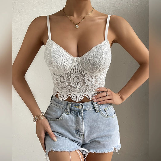 Lace Patchwork Slim Fit V-neck Backless Crop Top