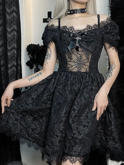 Goth Y2K Fairy Grunge Aesthetic Lace Pattern Spider Web See Through Jacquard Off Shoulder Dress