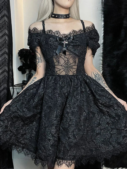 Goth Y2K Fairy Grunge Aesthetic Lace Pattern Spider Web See Through Jacquard Off Shoulder Dress