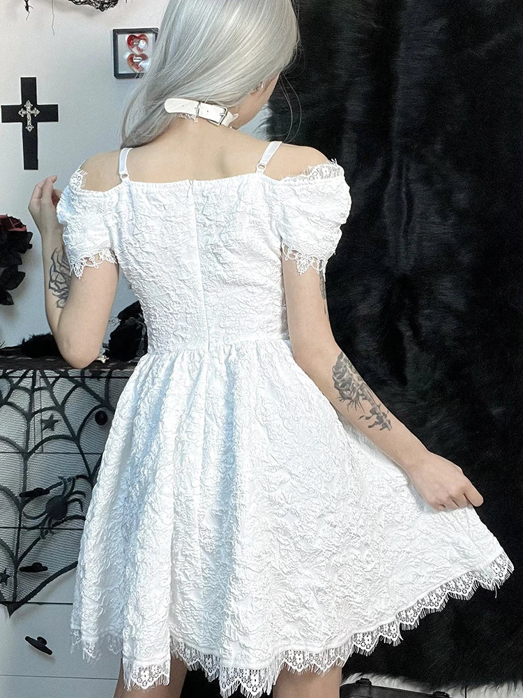 Goth Y2K Fairy Grunge Aesthetic Lace Pattern Spider Web See Through Jacquard Off Shoulder Dress