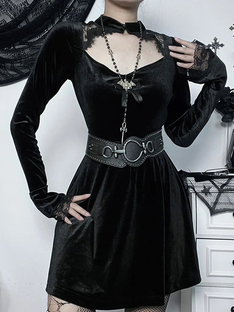 Goth Women's Solid Long Sleeve High Waist A Line Flowy Velvet Hollow Out Lace Dress