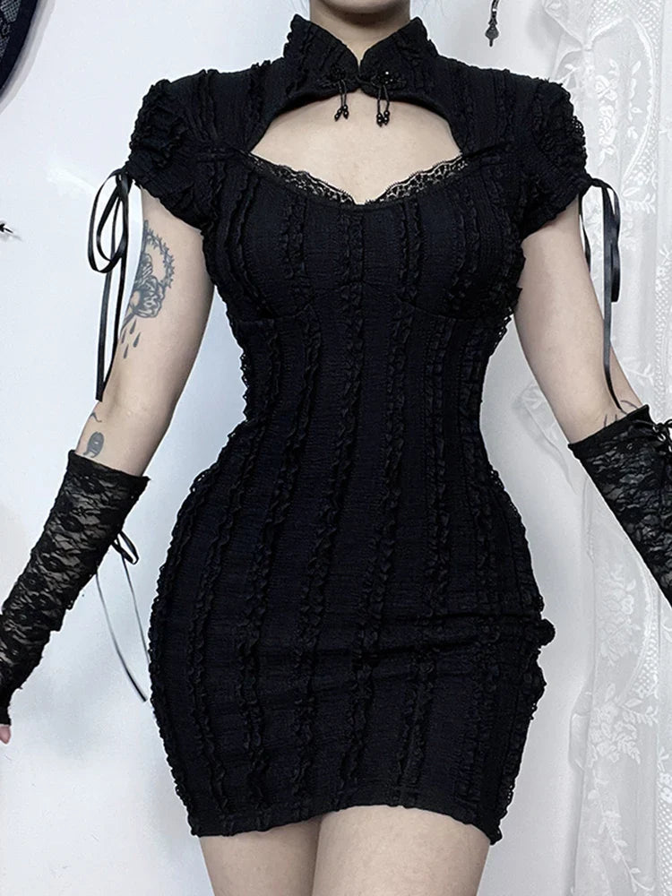 Gothic Hollow Out Small Vertical Collar Short Sleeve Grunge Knitted Hip Texture Dress