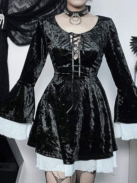 InsGoth Gothic Lace Up Velvet Queen Renaissance Medieval Witch Vintage Cosplay Party Dress