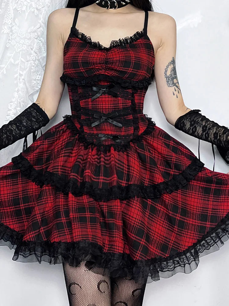 Plaid Mall Goth Grunge Punk Black Emo Party Lace Up Backless Mini Dress A-Line Dress