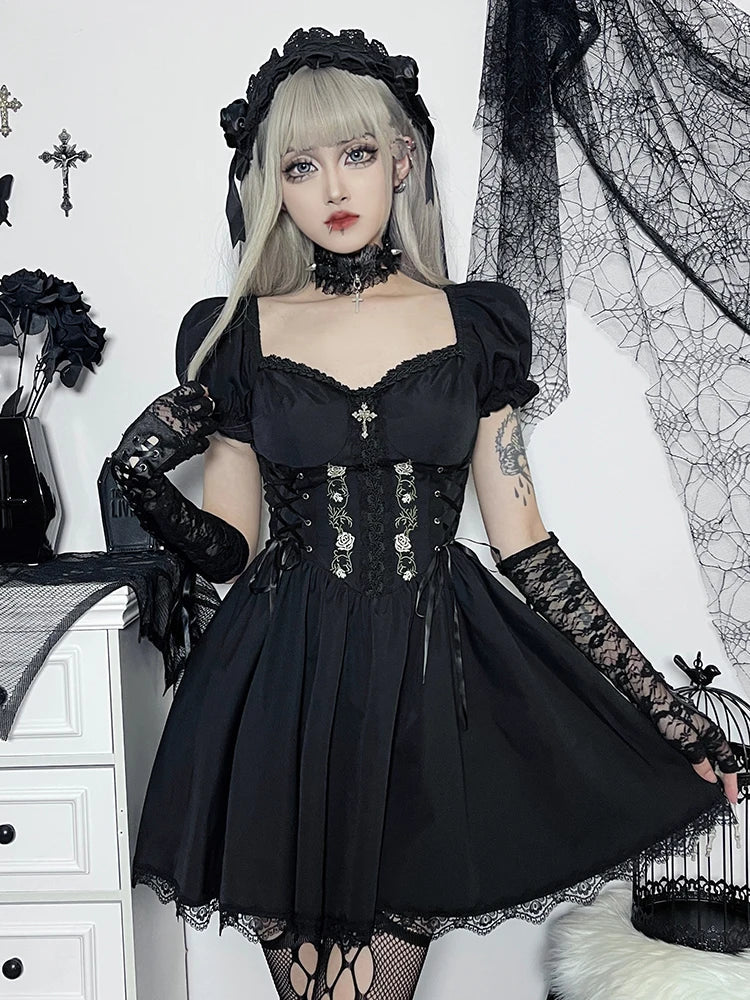 Gothic Sexy Black V Neck Lace Up Y2K Grunge Punk High Waist Lace Trim Party Dress