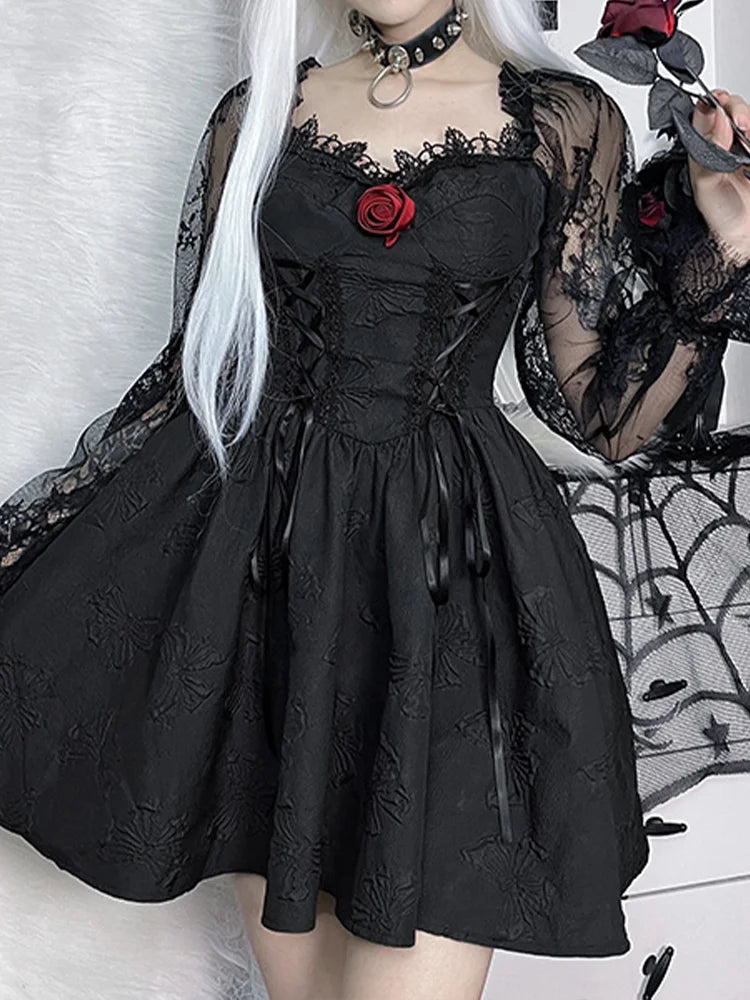 Grunge Party High Waist Gothic Dark Sexy A-Line Jacquard Lace Sleeve Lolita Vintage Harajuku Dress