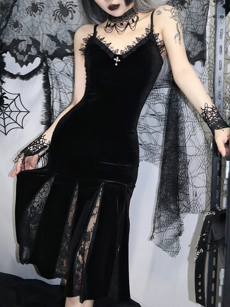 Sexy Spaghetti Strap Backless Velvet Gothic Cross Black Lace Patchwork Maxi Dress