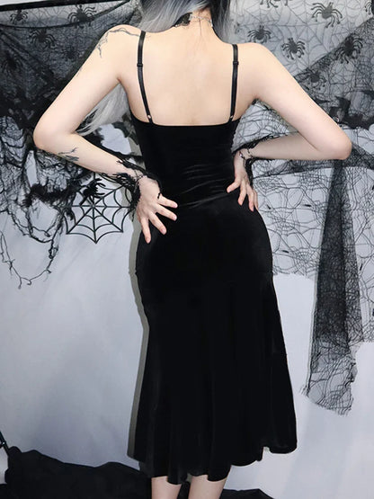 Sexy Spaghetti Strap Backless Velvet Gothic Cross Black Lace Patchwork Maxi Dress