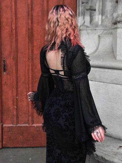 Velvet Lace Corset Bandage Midi Gothic Harajuku Street Mesh Print Sling Club Dress