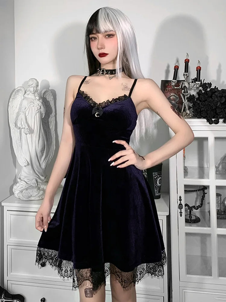 Velvet Spaghetti Strap Backless Moon Pendant Colorful Lace Trim A-Line Waist-in Sleeveless Corset Dress