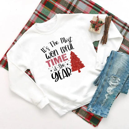 Wonderful Time Printed Party Holiday Sweater Xmas OutFit Christmas Hoodie