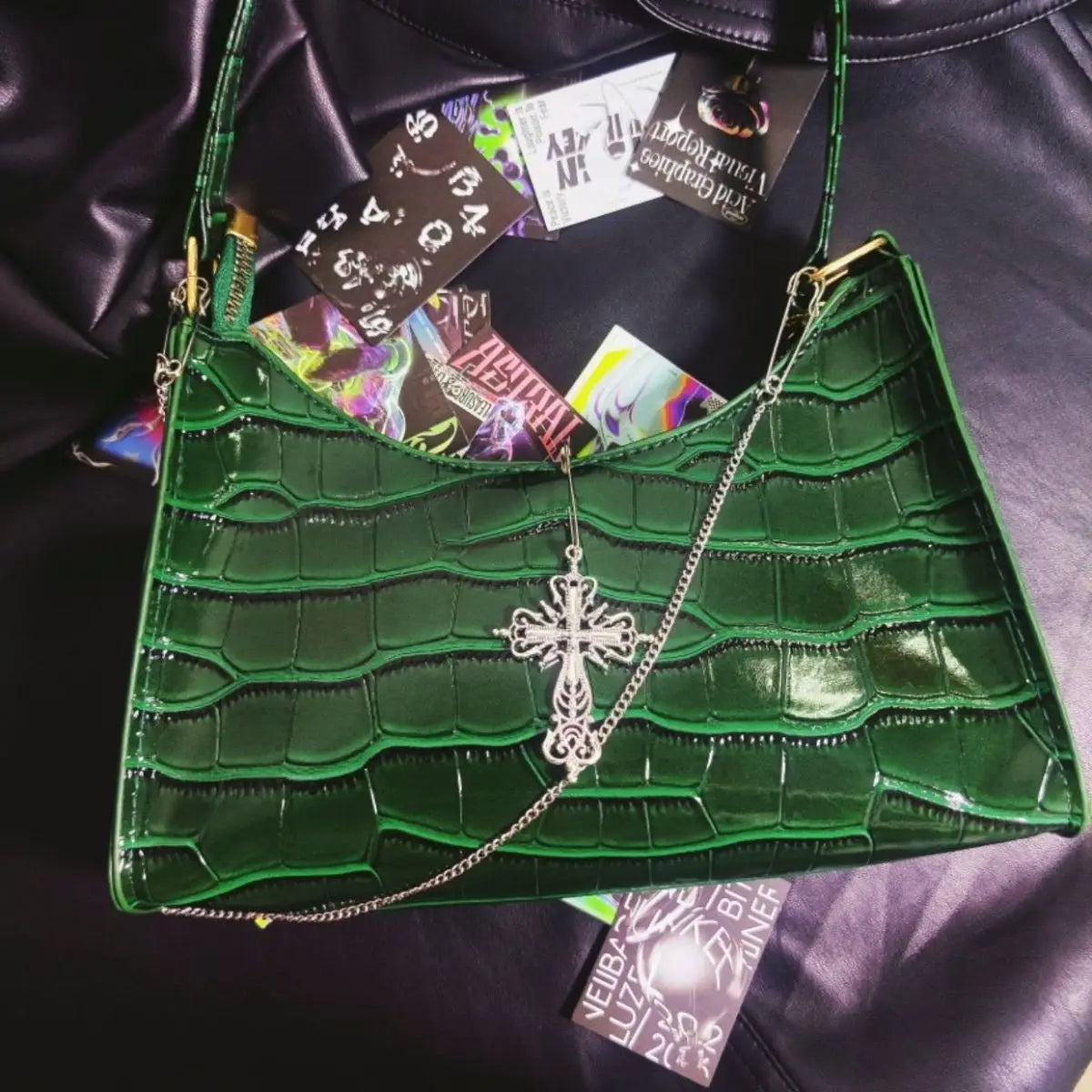 Punk Gothic Y2k High Street Cross Chains Crocodile Pattern Green Underarm Bag