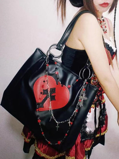 Y2K Grunge Gothic Cross PU Leather Large Capacity Vintage Tote Bag