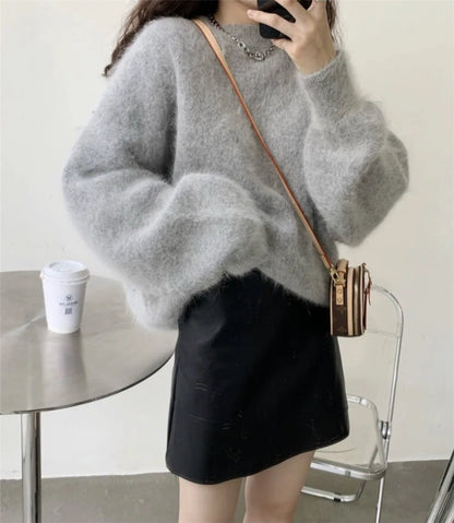 High Quality Mohair Knitted Thick Warm Red Loose New Year Christmas Sweater