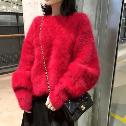 High Quality Mohair Knitted Thick Warm Red Loose New Year Christmas Sweater